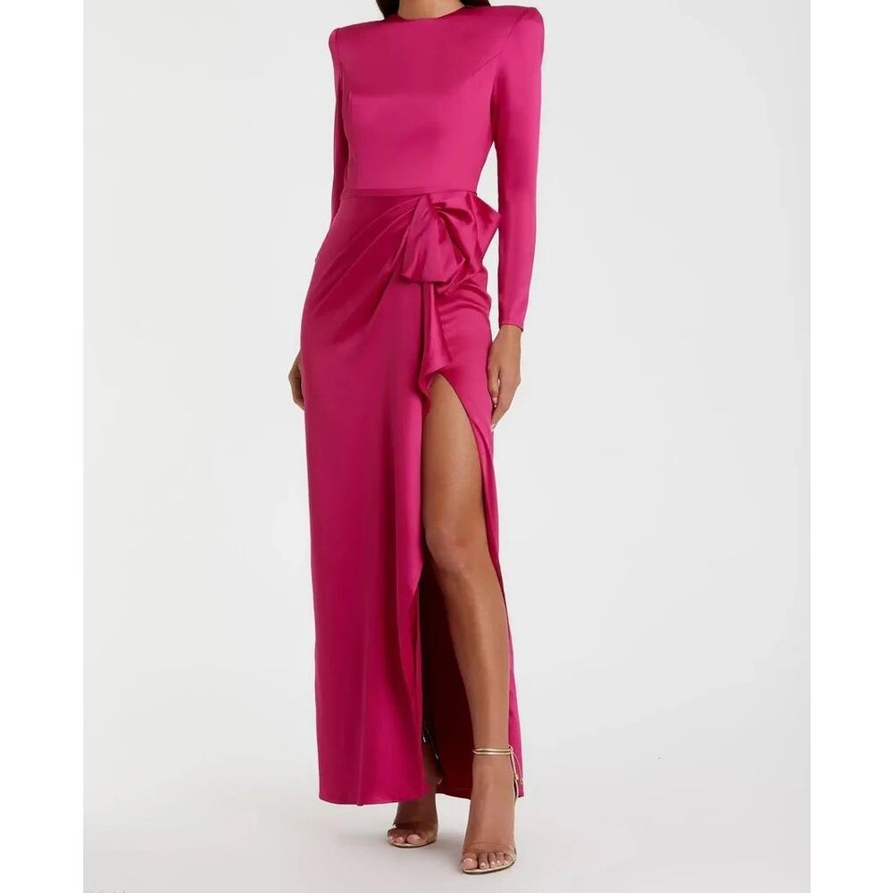 Leena for Mac Duggal  Magenta Long Sleeve Satin Bow Draped Column Gown Size 10